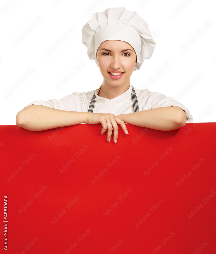 Happy woman cook or baker holding over paper sign billboard. Happy woman cook or baker holding over paper sign billboard.