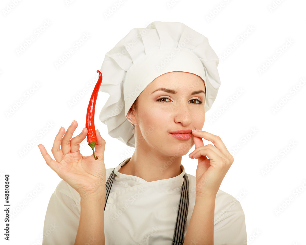 Yound pretty woman cook with peppers, isolate Yound pretty woman cook with peppers, isolate