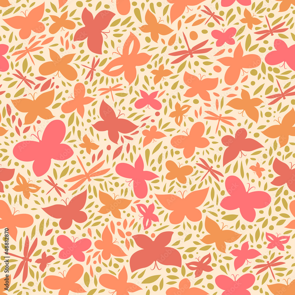 Colorful floral with butterflies seamless pattern, vector