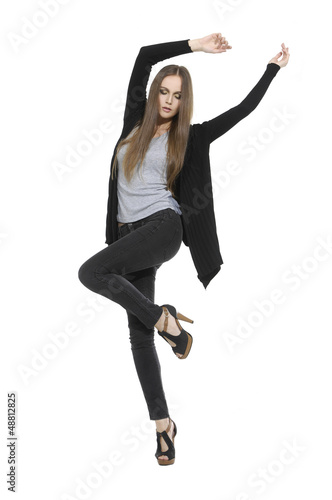 Full body casual woman looking happy with her arms up