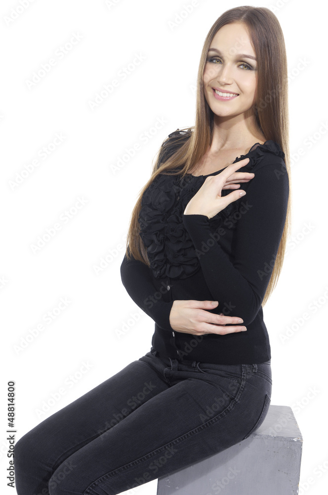 beautiful young woman in black dress, sitting wooden cube beautiful young woman in black dress, sitting wooden cube