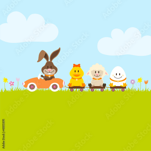 Bunny Car Pulling Duck, Sheep & Egg