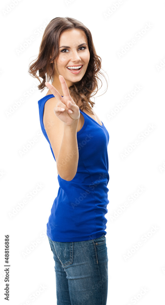 Woman showing two fingers or victory gesture, on white Woman showing two fingers or victory gesture, on white