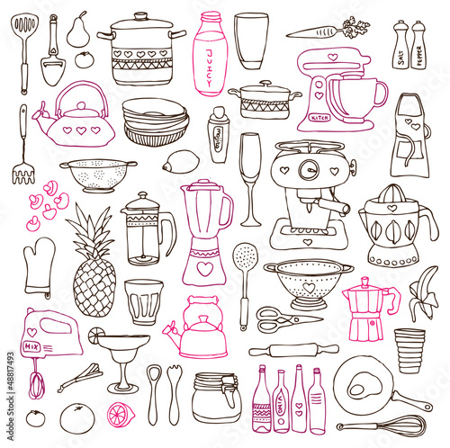 Kitchen food cooking illustrations drawings in vector