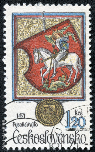 stamp shows coat of arms of a Vysoke Myto with St George photo