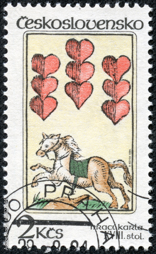 stamp printed in Czechoslovakia shows a horse and hearts