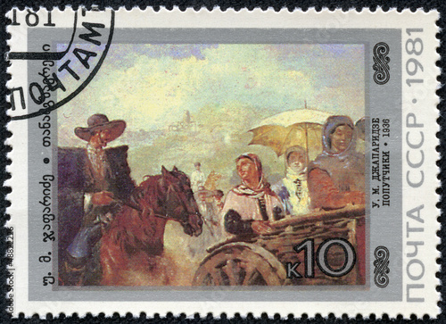 Stamp printed in USSR shows the painting "Fellow Travelers"
