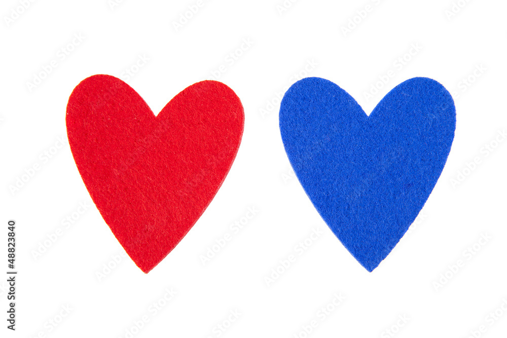 Red and blue hearts on white background