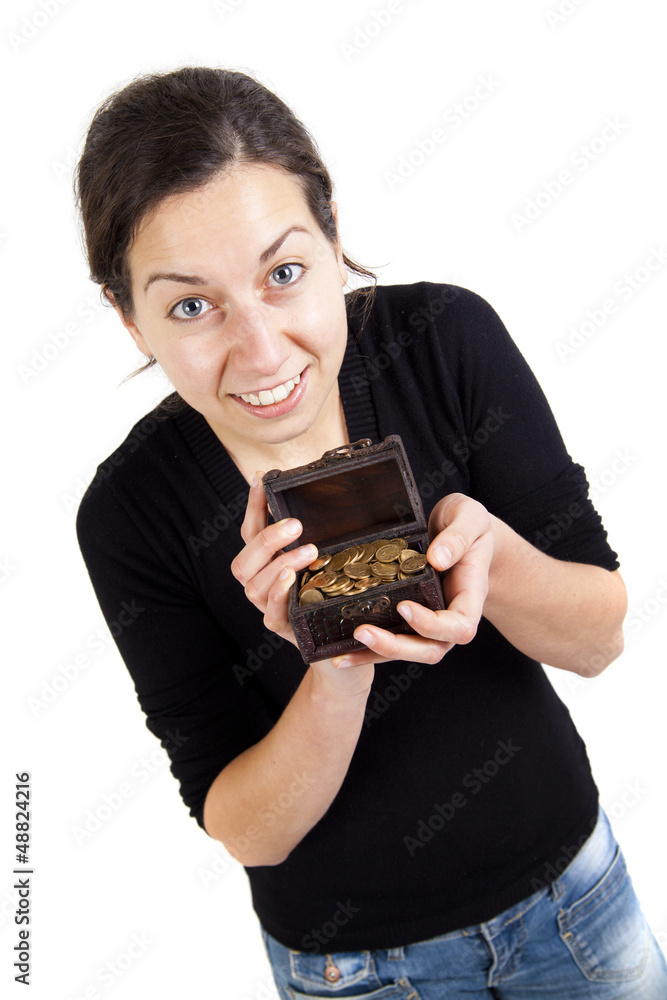 smiling girl holding old antique treasure chest with gold coins smiling girl holding old antique treasure chest with gold coins