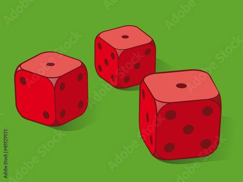 Three red dice on green