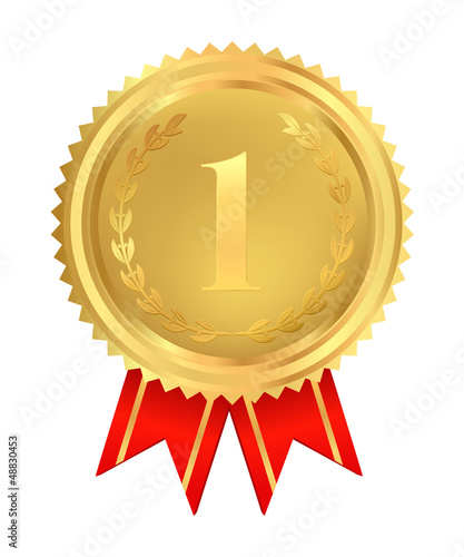 Isolated  Golden medal of First place with red ribbons. Vector