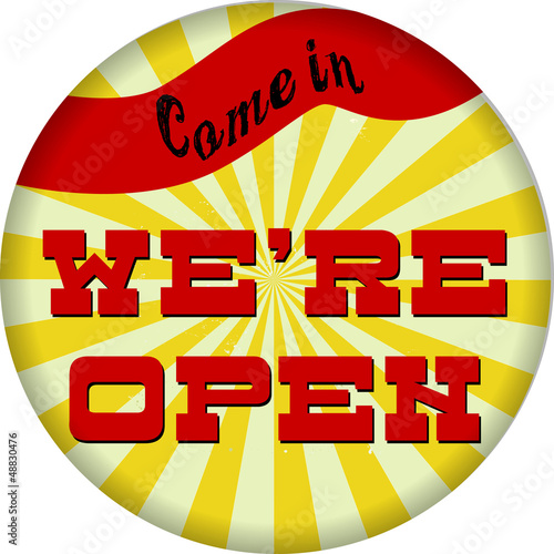 vintage we're open sign hanging, isolated on white background