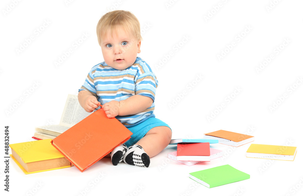 Little boy with multicolor books, isolated on white Little boy with multicolor books, isolated on white