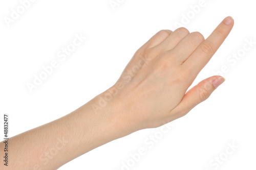 Woman hand on white background .