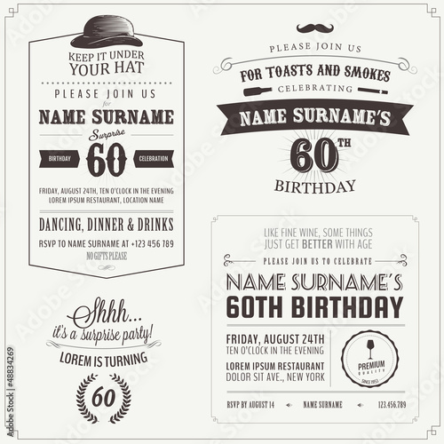 Set of adult birthday invitation vintage typographic design
