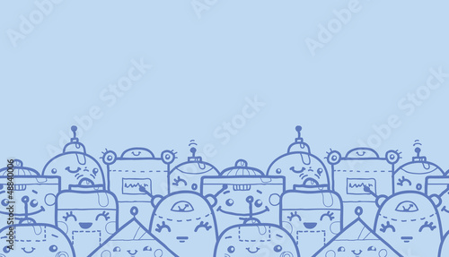 Vector cute doodle robots horizontal seamless pattern background