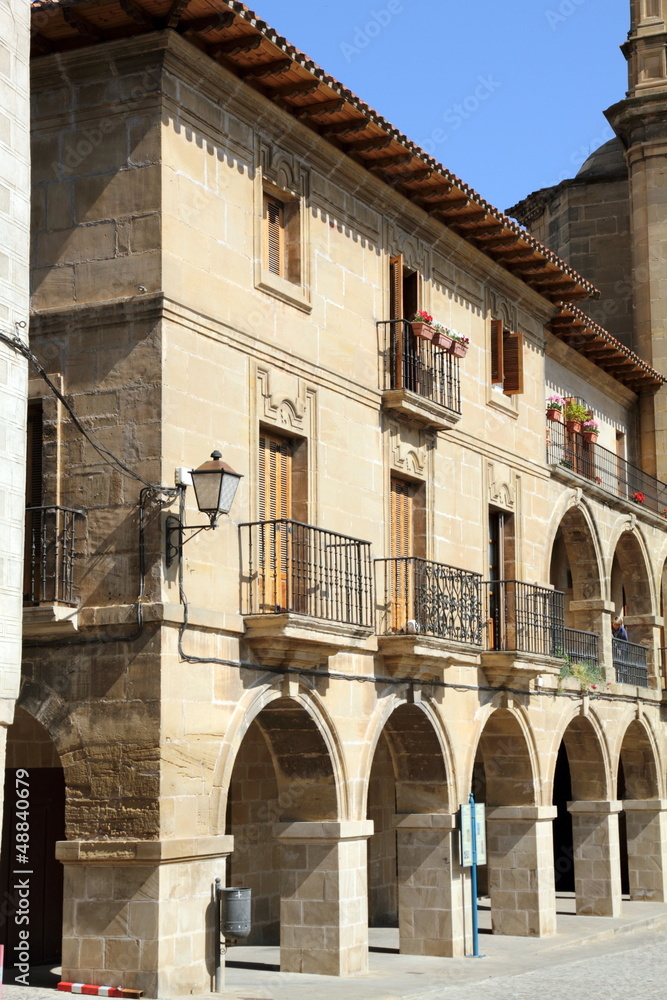 Arcades building facade, Briones village, La Rioja, Spain