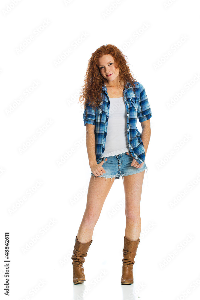 red haired woman with country shorts