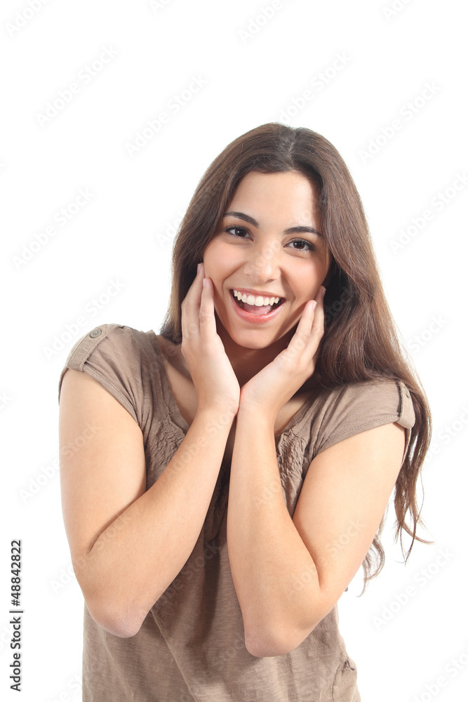 Euphoric woman expression with her hands on the face Euphoric woman expression with her hands on the face