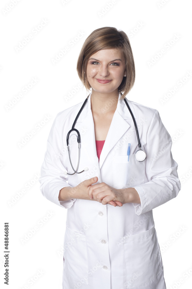 Smiling Caucasian doctor with hands clasped Smiling Caucasian doctor with hands clasped