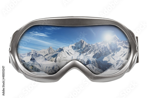 ski goggles with reflection of mountains isolated on white