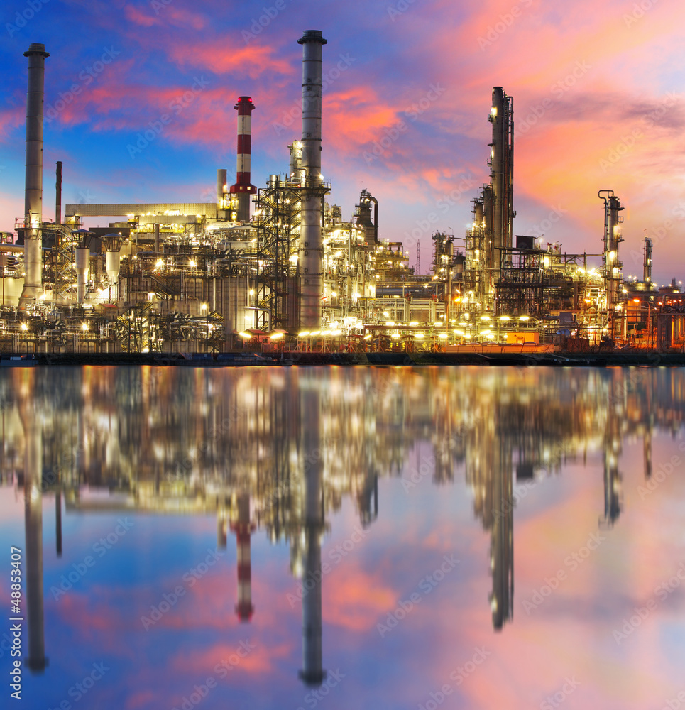 Oil gas refinery with reflection, factory, petrochemical plant