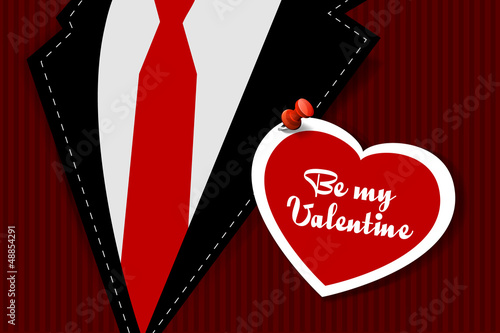 Greeting Card Valentine's Day. Paper heart on a man's suit.