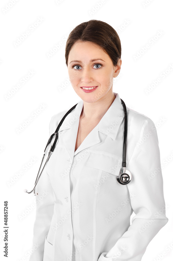 Smiling young doctor woman with a stethoscope isolated