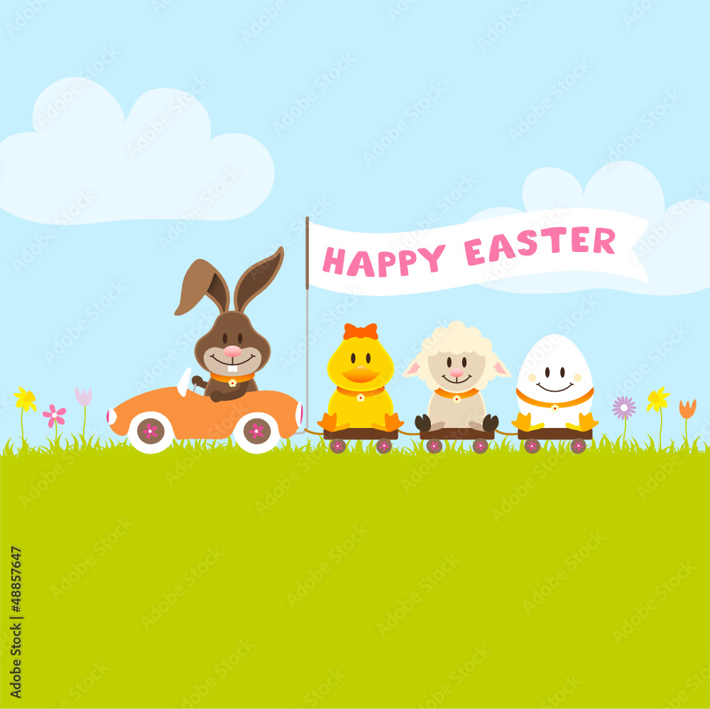 Bunny Car Flag Pulling Duck, Sheep & Egg Bunny Car Flag Pulling Duck, Sheep & Egg
