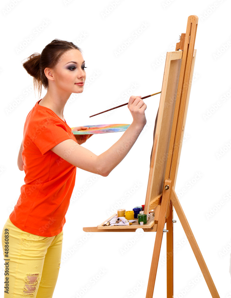beautiful young woman painter at work, isolated on white beautiful young woman painter at work, isolated on white