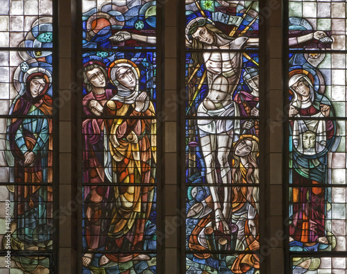 Brussels - Crucifixion scene - windowpane of National Basilica