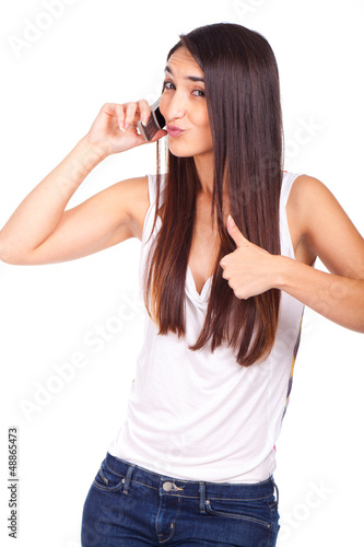 young beautiful woman is Ok with mobile phone in hand