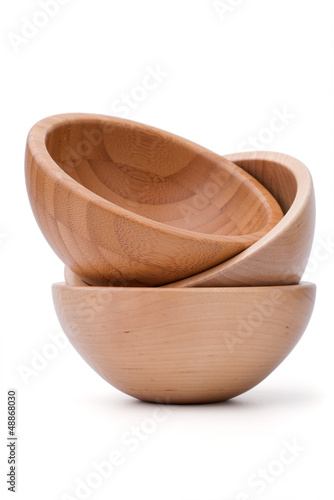 Group of empty wooden bowls