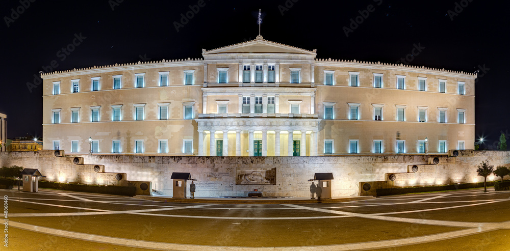 Panoramic view of the Greek Parliament building at night, Athens