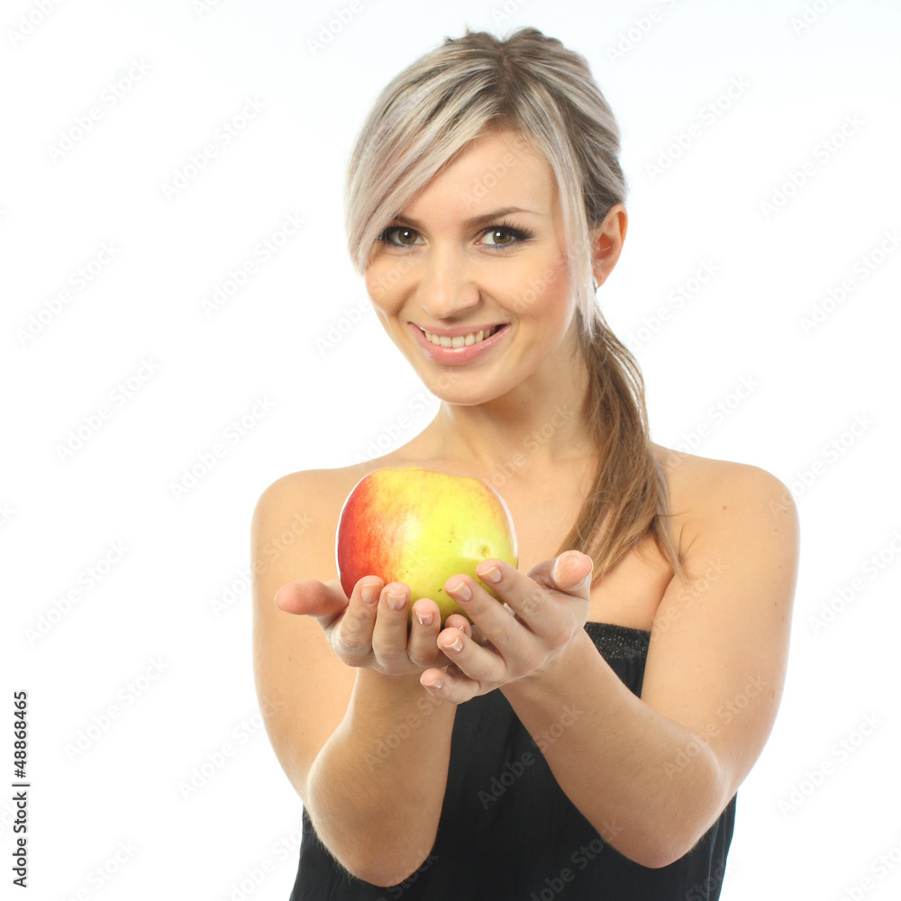 Positive attractive girl stretches apple Positive attractive girl stretches apple