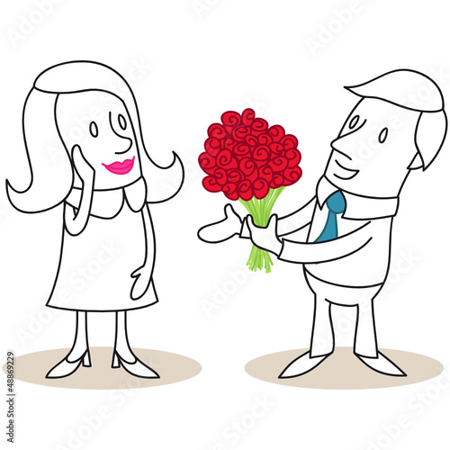 Figur, Mann, Frau, Blumenstrauß, Rosen, Valentinstag
