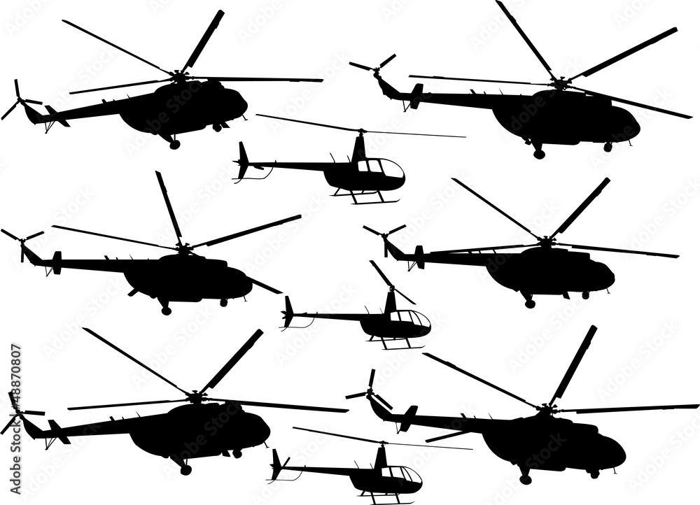 Set of silhouettes of flying helicopters Set of silhouettes of flying helicopters