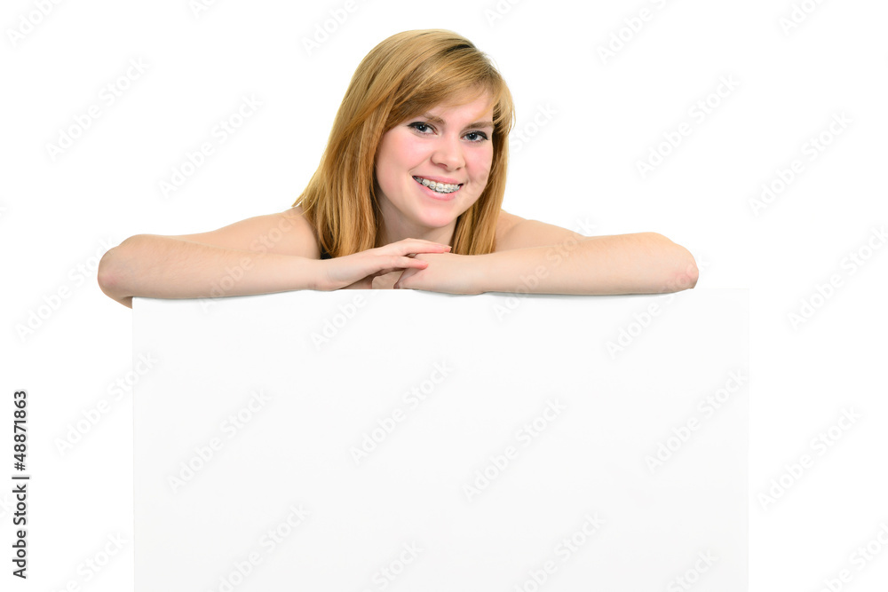 Young girl with brackets wand white billboard Young girl with brackets wand white billboard