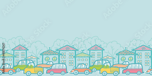 Vector town street horizontal seamless pattern background