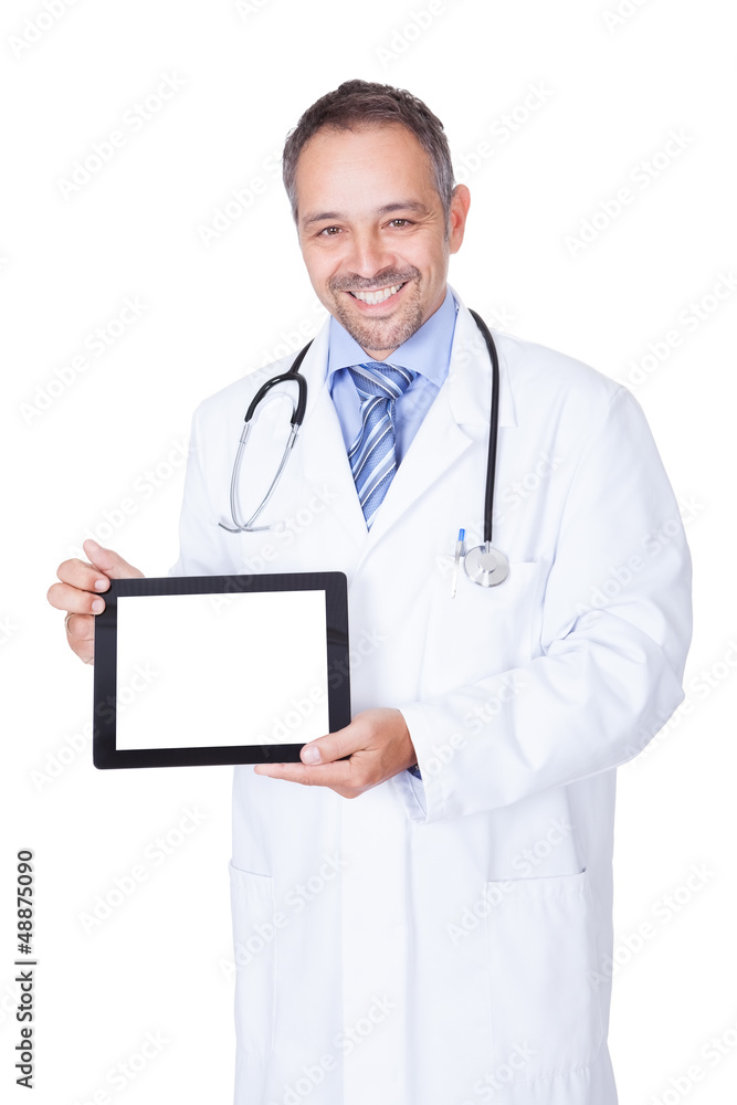 Happy Doctor Holding Blank Digital Tablet Happy Doctor Holding Blank Digital Tablet