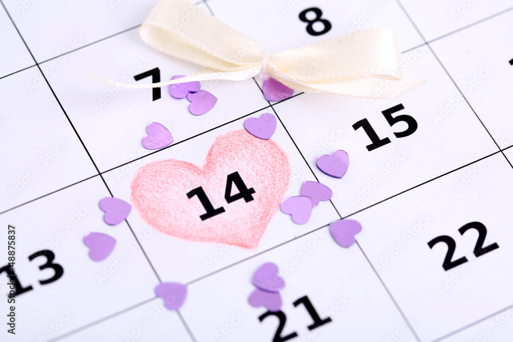 Notes on the calendar (valentines day), close-up Notes on the calendar (valentines day), close-up