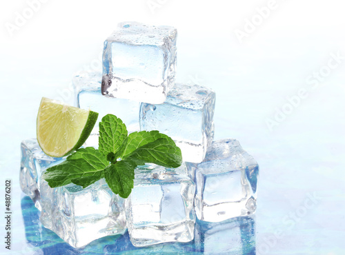 Ice with mint and lime on light background