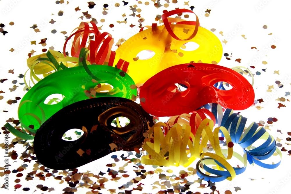 Mascherine di carnevale colorate con coriandoli e stelle filanti Stock  Photo | Adobe Stock