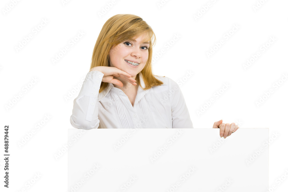 Young smiling girl with brackets and billboard Young smiling girl with brackets and billboard