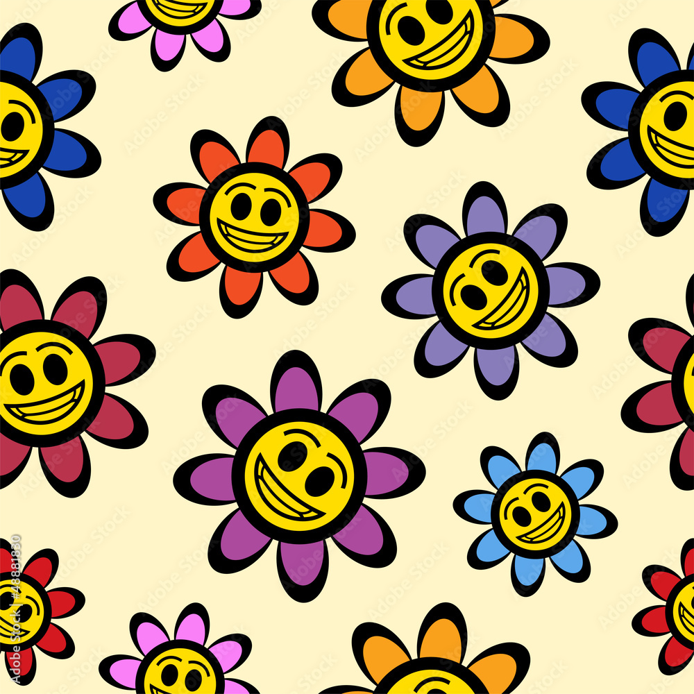 Smiling flowers seamless pattern. Smiling flowers seamless pattern.