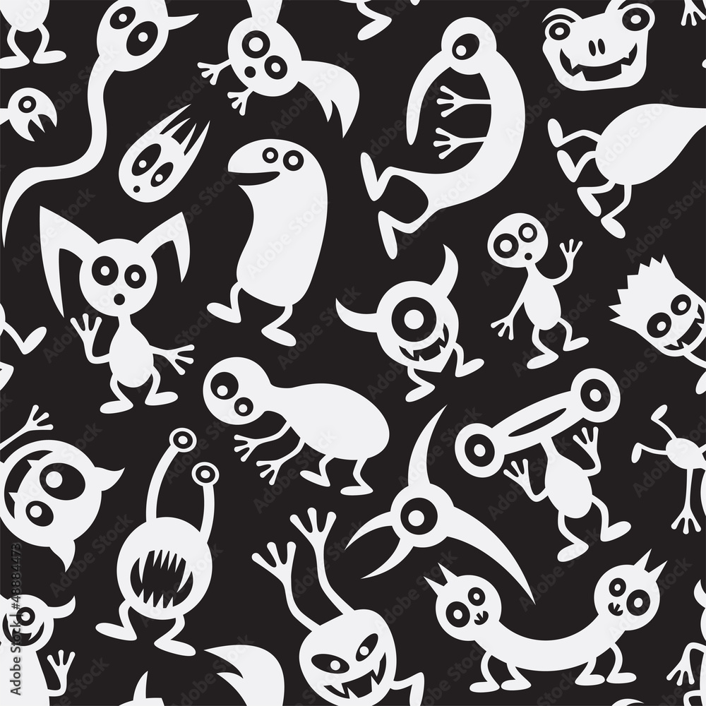 Seamless funny black and white monsters. Seamless funny black and white monsters.