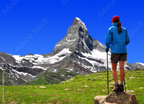 girl looking at the Mount Matterhorn in the Swiss Alps
