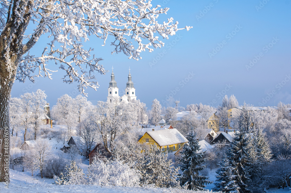 Obraz premium Cold winter. Frosted town in Lithuania. Zemaiciu Kalvarija