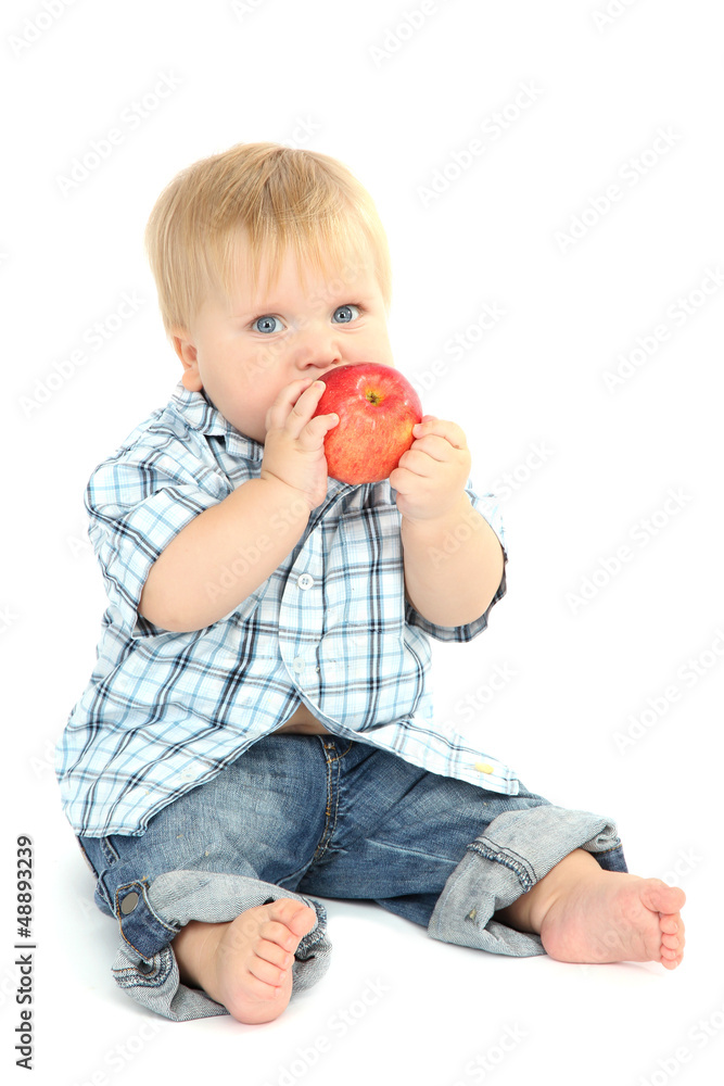 Little boy with red apple, isolated on white Little boy with red apple, isolated on white