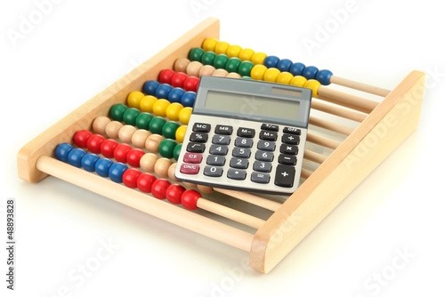 Bright wooden toy abacus and calculator  isolated on white